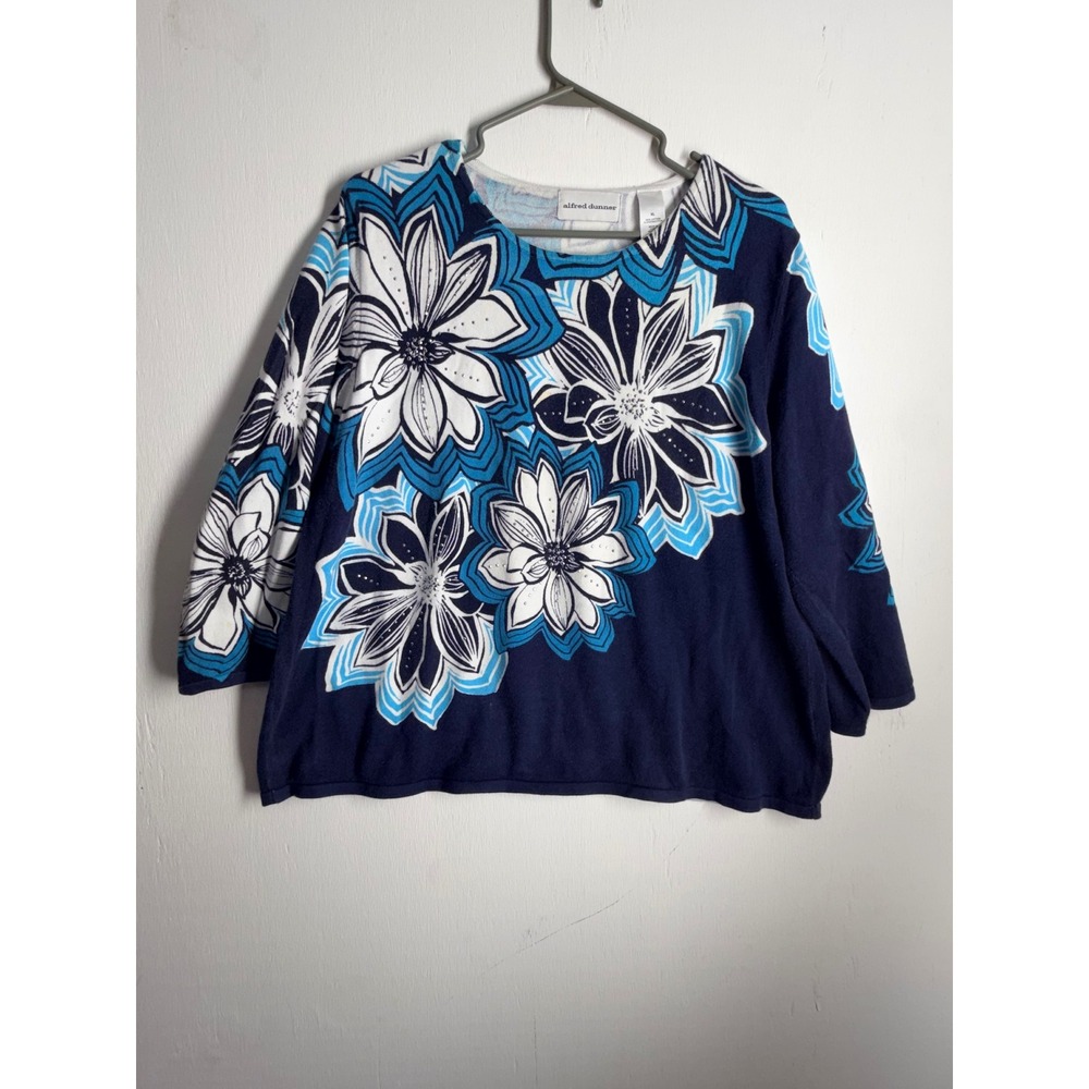 Alfred Dunner Womens XL Navy Blue Floral Rhinestone 100% Cotton Knit Top Sweater